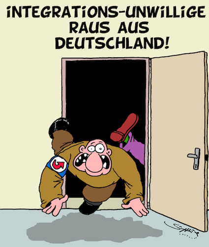 Cartoon: Raus! (medium) by Karsten Schley tagged integration,deutschland,gesellschaft,nazis,afd,rechtsextremismus,rechtspopulismus,demokratie,politik,integration,deutschland,gesellschaft,nazis,afd,rechtsextremismus,rechtspopulismus,demokratie,politik