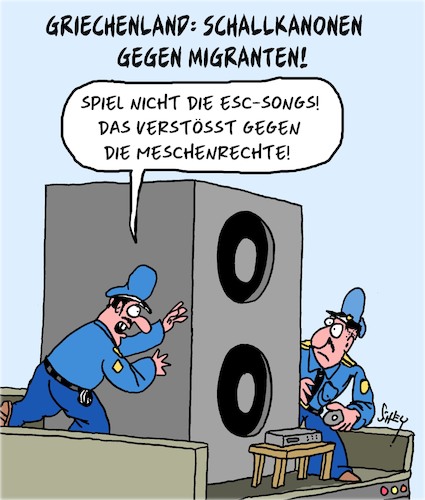 Cartoon: Schallkanonen (medium) by Karsten Schley tagged griechenland,migranten,europa,grenzschutz,polizei,asyl,flüchtlinge,politik,griechenland,migranten,europa,grenzschutz,polizei,asyl,flüchtlinge,politik