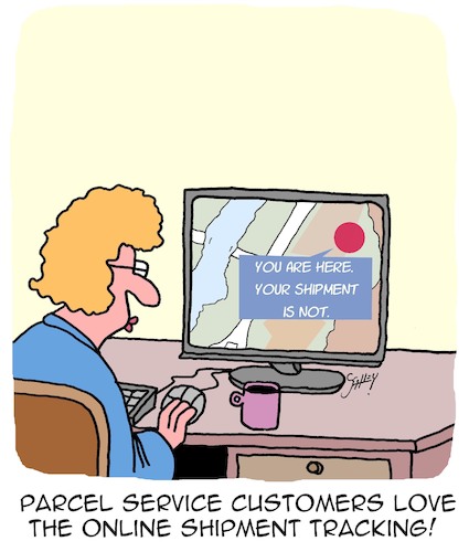 Cartoon: Shipment Tracking (medium) by Karsten Schley tagged parcel,services,transport,tracking,customers,delivery,delays,business,economy,shopping,society,parcel,services,transport,tracking,customers,delivery,delays,business,economy,shopping,society