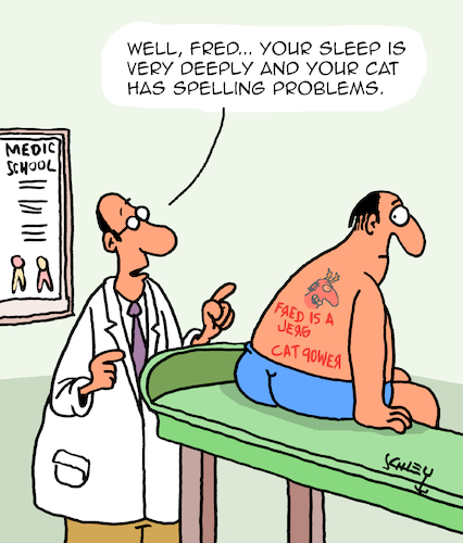 Cartoon: Sleeping (medium) by Karsten Schley tagged doctors,patients,sleep,health,cats,spelling,animals,humans,pets,doctors,patients,sleep,health,cats,spelling,animals,humans,pets