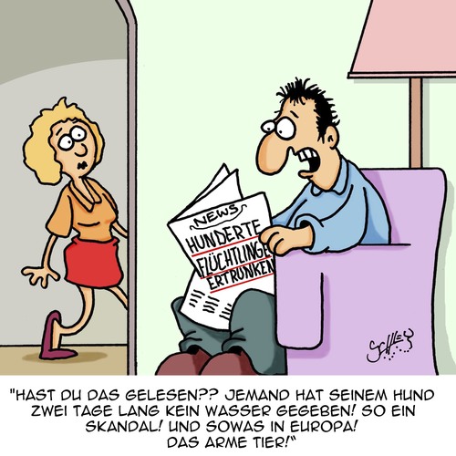 Cartoon: So ein SKANDAL!!! (medium) by Karsten Schley tagged flüchtlinge,flucht,schlepper,tod,gesellschaft,flüchtlingskrise,europa,eu,tiere,hunde,flüchtlinge,flucht,schlepper,tod,gesellschaft,flüchtlingskrise,europa,eu,tiere,hunde
