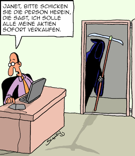 Cartoon: Sofort verkaufen!! (medium) by Karsten Schley tagged aktien,wirtschaft,börse,spekulation,geldanlage,investments,business,leben,tod,gesellschaft,aktien,wirtschaft,börse,spekulation,geldanlage,investments,business,leben,tod,gesellschaft