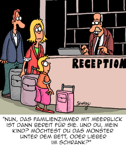 Cartoon: Spezieller Service (medium) by Karsten Schley tagged hotels,reisen,familien,urlaub,kinder,kundenservice,monster,hotels,reisen,familien,urlaub,kinder,kundenservice,monster