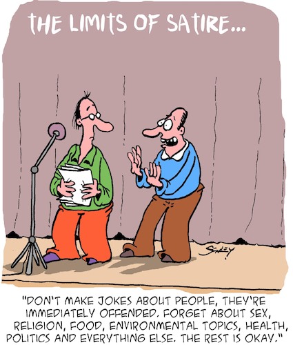 Cartoon: The Limits of Satire (medium) by Karsten Schley tagged satire,censorship,limits,humour,religion,politics,humans,political,correctness,media,satire,censorship,limits,humour,religion,politics,humans,political,correctness,media