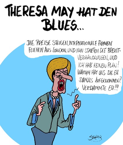 Cartoon: Theresa hat den Blues (medium) by Karsten Schley tagged brexit,europa,grossbritannien,wirtschaft,politik,business,verhandlungen,ausstieg,preise,brexit,europa,grossbritannien,wirtschaft,politik,business,verhandlungen,ausstieg,preise