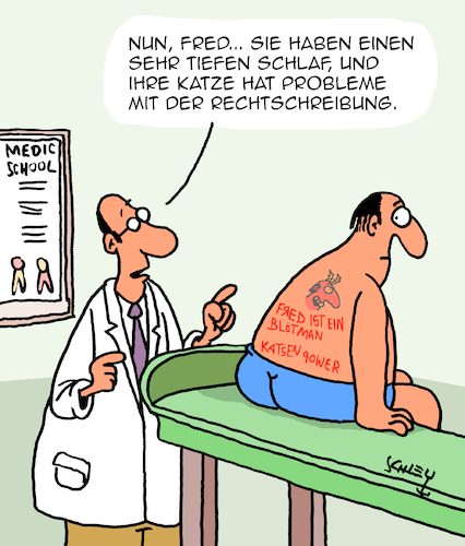 Cartoon: Tiefschlaf (medium) by Karsten Schley tagged katzen,menschen,ärzte,patienten,gesundheit,schlaf,rechtschreibung,gesellschaft,katzen,menschen,ärzte,patienten,gesundheit,schlaf,rechtschreibung,gesellschaft