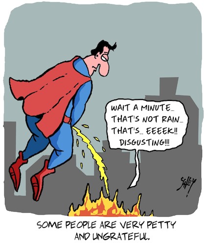 Cartoon: Ungrateful! (medium) by Karsten Schley tagged ingratitude,superman,conflagrations,disasters,comics,society,nutrition,people,manners,ingratitude,superman,conflagrations,disasters,comics,society,nutrition,people,manners