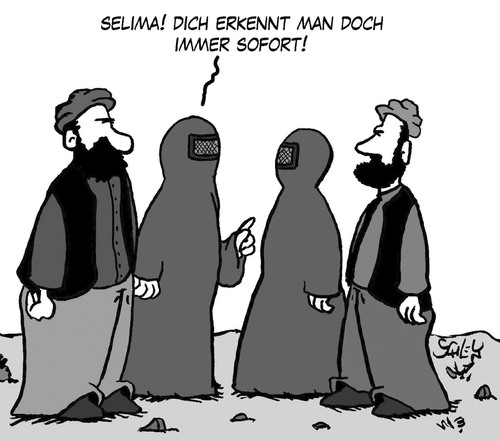 Cartoon: Unverwechselbar (medium) by Karsten Schley tagged männer,frauen,religion,muslime,islam,frauenrechte,kleidung,mode,männer,frauen,religion,muslime,islam,frauenrechte,kleidung,mode