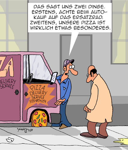Cartoon: Zwei Dinge (medium) by Karsten Schley tagged pizza,fastfood,lieferdienste,ernährung,autos,autohandel,kultur,wirtschaft,business,gastronomie,gesellschaft,pizza,fastfood,lieferdienste,ernährung,autos,autohandel,kultur,wirtschaft,business,gastronomie,gesellschaft