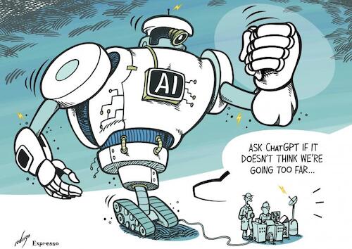 Cartoon: Artificially intelligent concern (medium) by rodrigo tagged artificial,intelligence,ai,world,culture,society,risks,chatgpt,regulation,law,europe,eu,global,humanity,digital,future,science,technology,international,politics,usa,robots,economy,ethics,bots