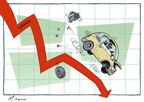 Cartoon: Autocrisis (medium) by rodrigo tagged cars,auto,market,industry,sales,volkswagen,audi,mercedes,tesla,work,consumption,exports,shares