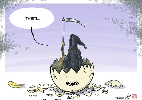 Cartoon: Bird flu strikes back (medium) by rodrigo tagged bird,flu,h9n2,influenza,health,death,grim,reaper