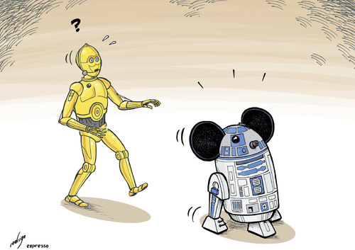 Cartoon: Disney Wars (medium) by rodrigo tagged walt,disney,lucasfilm,george,lucas,starwars,c3po,r2d2