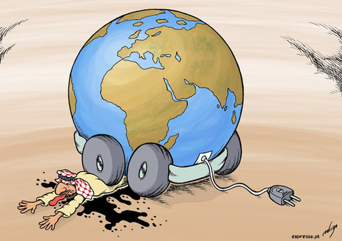 Cartoon: Electric cars (medium) by rodrigo tagged electric,car,economy,oil,earth,co2,global,warming,pollution,arab,opec,alternative,energy,transport