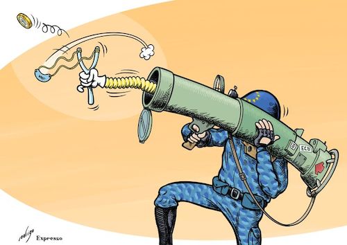 Cartoon: Eurobazooka (medium) by rodrigo tagged eu,ecb,economy,debt,crisis,credit,loan,industry,business,bazooka,coronavirus,covid19