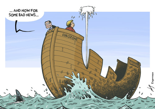 Cartoon: Eurozone sinks (medium) by rodrigo tagged eurozone,europe,european,union,eu,ecb,mario,draghi,angela,merkel