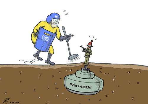 Cartoon: Explosive Bissau (medium) by rodrigo tagged guinea,bissau,africa,conflict,civil,war,military,international,intervention,un,united,nations