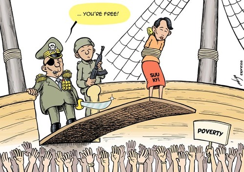 Cartoon: Freed Aung San Suu Kyi (medium) by rodrigo tagged junta,military,democracy,politics,poverty,myanmar,burma,kyi,suu,san,aung,free