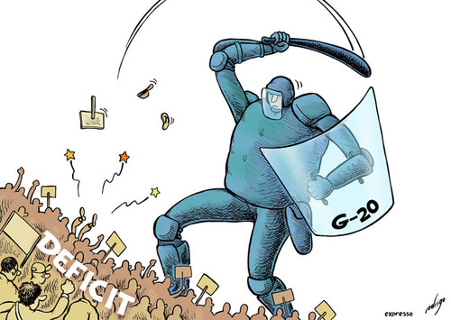 Cartoon: G20 summit in Toronto (medium) by rodrigo tagged g20,toronto,summit,deficit,clash,police,economy,crisis,financial,riot