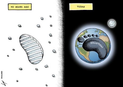 Cartoon: Human footprints (medium) by rodrigo tagged moon,earth,ecology,environment,carbon,footprint,armstrong