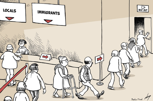 Cartoon: Immigration and Discrimination (medium) by rodrigo tagged discrimination,immigrants,prejudice,though,immigration,refugee,conflict,war,poverty