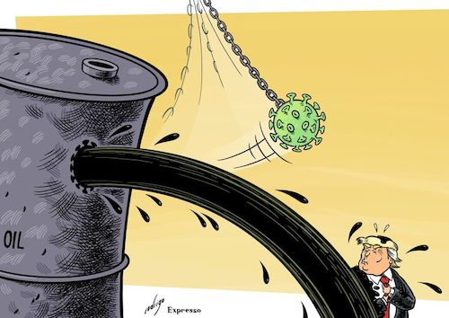 Cartoon: Infected Oil (medium) by rodrigo tagged covid19,coronavirus,pandemic,epidemic,economy,oil,prices,fuel,energy,markets,trump