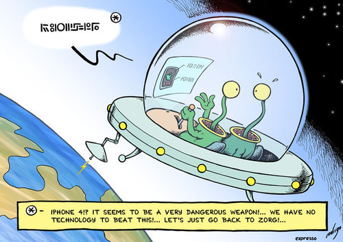 Cartoon: iPhone 4 (medium) by rodrigo tagged iphone,apple,technology,mobile,phone,smartphone,blackberry,alien,et,space,spaceship,invasion,earth,communication