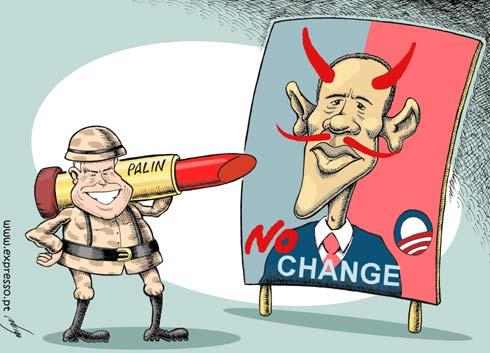 Cartoon: McCain uses lipstick weapon (medium) by rodrigo tagged mccain,obama,palin,presidential,elections,usa,politics