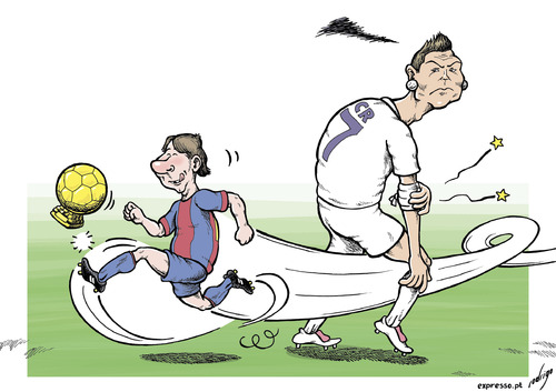 Cartoon: Messianic contest (medium) by rodrigo tagged dor,ballon,soccer,portugal,argentina,madrid,real,barcelona,ronaldo,cristiano,football,messi