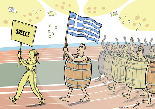 Cartoon: Olympic austerity (medium) by rodrigo tagged greece,crisis,austerity,london,2012,olympic,games,sports,opening,ceremony,nations,parade