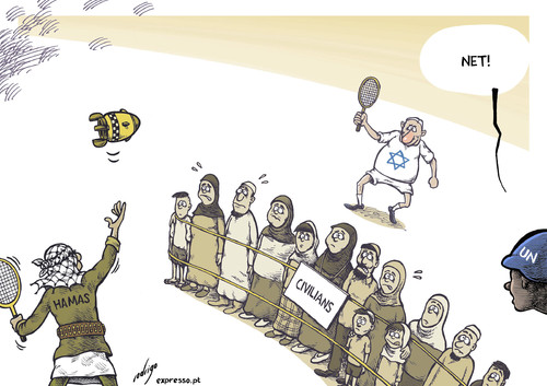 Cartoon: Palestennis (medium) by rodrigo tagged israel,palestine,hamas,terrorism,civilians,bomb,un,united,nations