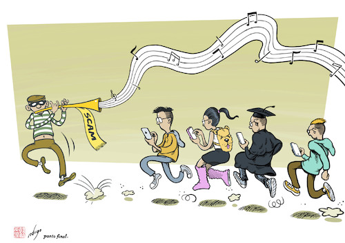 Cartoon: Phony calls (medium) by rodrigo tagged crime,phone,scam,con,artists,fraud,youth,college,students,society,education