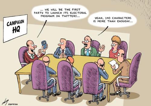 Cartoon: Politics on Twitter (medium) by rodrigo tagged politics,technology,party,campaign,elections,vote,twitter,blog,internet,media