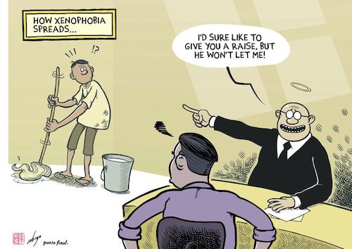 Cartoon: Racist excuses (medium) by rodrigo tagged work,jobs,immigration,wages,racism,discrimination,business,economy,finance,immigrants