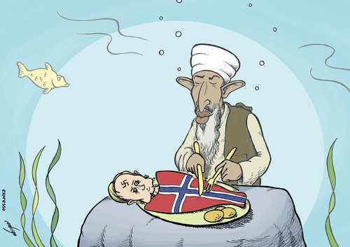 Cartoon: Terror in Norway (medium) by rodrigo tagged norway,anders,behring,breivik,terror,atack,bomb,terrorist,osama,bin,laden