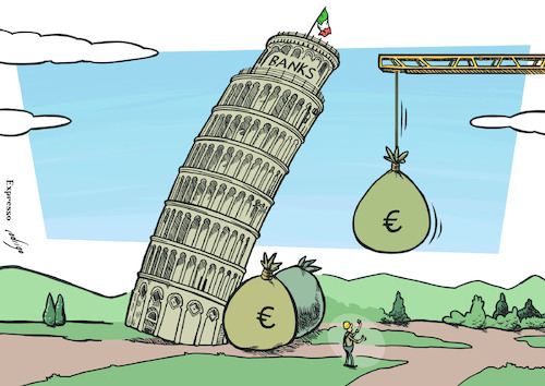 Cartoon: The Leaning Tower of Banks (medium) by rodrigo tagged italy,banks,rescue,financial,banking,crisis,bailout,european,union,eu