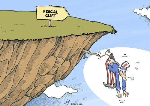 Cartoon: US Fiscal Cliff (medium) by rodrigo tagged usa,united,states,economy,fiscal,cliff,taxes,president,barack,obama,democratic,party