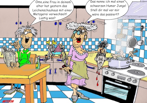 Cartoon: Verwechslung (medium) by Mittitom tagged metzger,oma,leichenhalle,kochen,küche,enkel,mittagessen