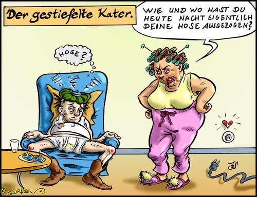 Cartoon: Der gestiefelte Kater (medium) by KritzelJo tagged stiefel,kater,rollmöpse,katerfrühstück,mann,frau,hose