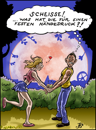 Cartoon: Ein romantischer Händedruck (medium) by KritzelJo tagged verliebt,mann,frau,park,vollmond,händedruck
