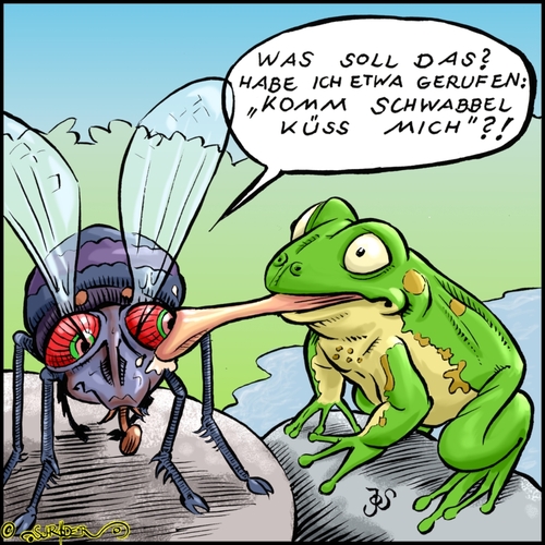 Cartoon: Komm Schwabbel küss mich. (medium) by KritzelJo tagged gigagantismus,fressen,kuss,fliege,frosch