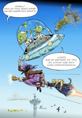 Cartoon: Lufttaxi (medium) by KritzelJo tagged lufttaxi,aliens,hexe,rabe,katzen,fernseturm,wolke,verkehrsregeln,rechtsvorlinks,besen