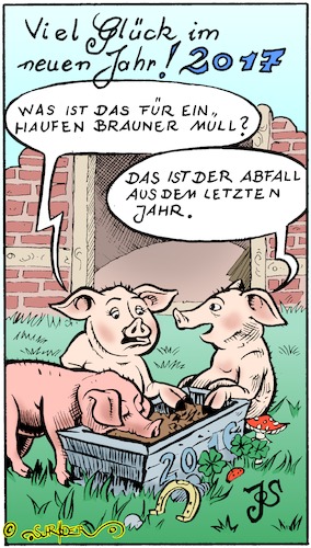 Cartoon: Neujahrsglückwunsch (medium) by KritzelJo tagged neuhjahrsgruß,glückwunsch,schweine,fliegenpilz,glücksklee,marienkäfer,hufeisen