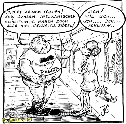 Cartoon: Penisneid Das große P in Pegida (medium) by KritzelJo tagged frauen,männer,fremdenfeindlichkeit,dödel,pegida