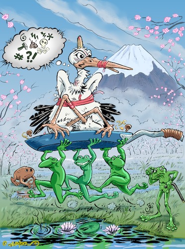 Cartoon: Storchensaison (medium) by KritzelJo tagged storch,bratpfanne,frösche,frosch,kröte,afd,frühling,kirschblüte,fuji