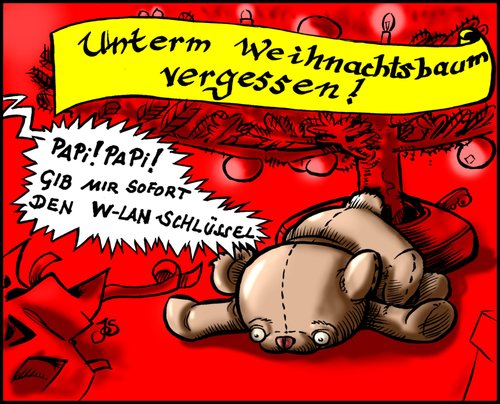 Cartoon: Unterm Weihnachtsbaum vergessen! (medium) by KritzelJo tagged weihnachten,kinder,it,mobilphone,tablet,geschenke,teddybär,tannenbaum