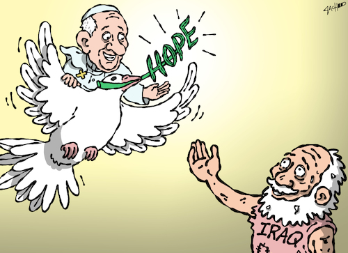 Cartoon: Pope Visit to Iraq (medium) by cartoonistzach tagged pope,francis,iraq,religion,pope,francis,iraq,religion