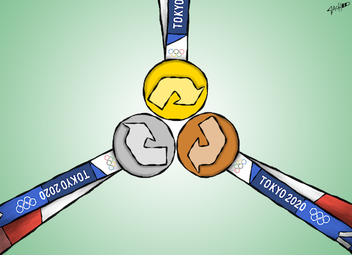 Cartoon: Recycled Olympic Medals (medium) by cartoonistzach tagged sports,olympics,tokyo,japan,2020,medal,electronics,ewaste,environment,recycle,sports,olympics,tokyo,japan,2020,medal,electronics,ewaste,environment,recycle