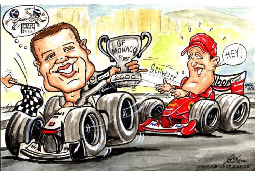 Cartoon: Formel 1 - GP Monaco - 2000 (medium) by Portraits-Karikaturen tagged motorsport,formel,karikatur,david,coulthard,mclaren,mercedes,michael,schumacher,ferrari,gp,monaco