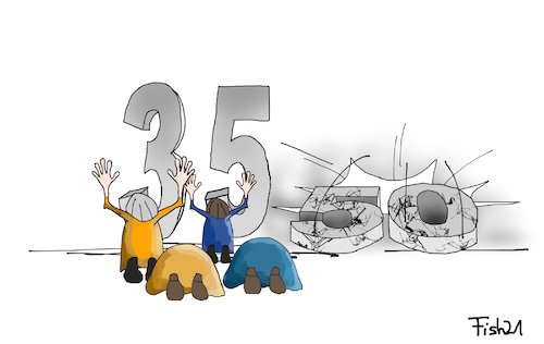 Cartoon: 35 (medium) by Fish tagged corona,inzidenzwert,35,50,lockerungen,lockdown,anbeten,huldigen,pandemie,covid,19,merkel,kabinett,ministerpräsidenten,konferenz,beschlüsse,öffnung